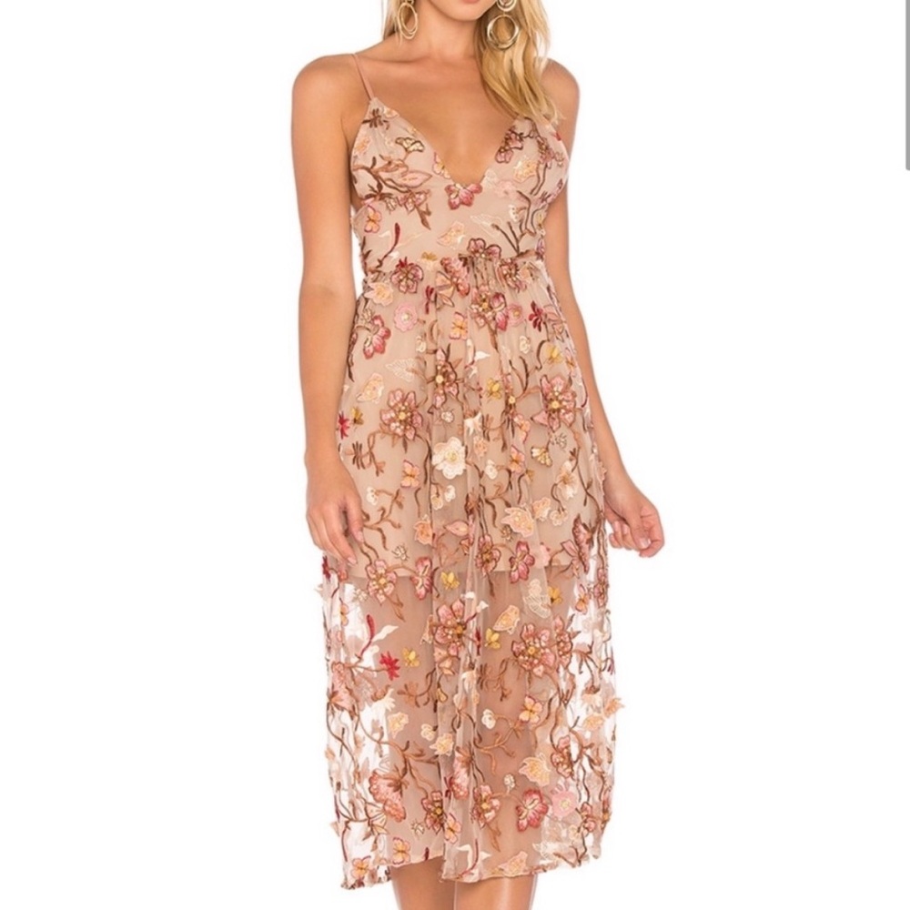 For Love And Lemons Floral Embroidered Midi Dress - Pink and Cream